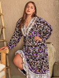 Plus Size V-Neck Balloon Sleeve Printed Midi Dress