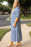 Sky Blue Geometric Print Lace-up Notch Neck Plus Size Maxi Dress