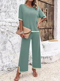 Devine Contrast Trim Round Neck Top and Pants Set