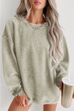 Gray Solid Ribbed Knit Round Neck Pullover Sweatshirt