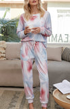 Cozy Tie-Dye Long Sleeve Round Neck Pajama Set for Women