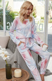 Cozy Tie-Dye Long Sleeve Round Neck Pajama Set for Women