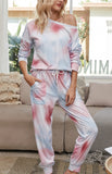 Cozy Tie-Dye Long Sleeve Round Neck Pajama Set for Women