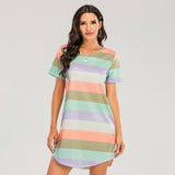 Women's Short Sleeve Rainbow Striped Loose T-Shirt Pyjama Sets