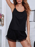 Women's Solid Color Mesh Trimmed Suspender Top + Shorts Homewear Set