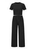 Women's solid color round neck short-sleeved T-shirt + trousers two-piece set