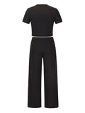 Women's solid color round neck short-sleeved T-shirt + trousers two-piece set