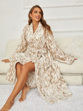 Women's printed lapel casual flannel robe bathrobe