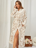 Women's printed lapel casual flannel robe bathrobe