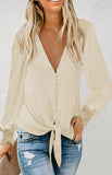 Women's V-Neck Lace Patchwork Solid Color Tie Loose Long Sleeve Chiffon Shirt