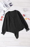 Women's V-Neck Lace Patchwork Solid Color Tie Loose Long Sleeve Chiffon Shirt