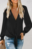 Women's V-Neck Lace Patchwork Solid Color Tie Loose Long Sleeve Chiffon Shirt