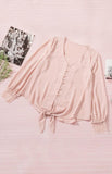 Women's V-Neck Lace Patchwork Solid Color Tie Loose Long Sleeve Chiffon Shirt