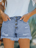 Women's Shorts Mid Waist Buttoned Jeans Washed Ripped Denim Shorts