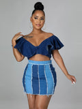 Women's High Waist Patchwork Washed Pleated Denim Skirt