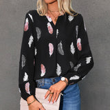 V Neck Feather Print Long Sleeve Oversized T-Shirt Shirt