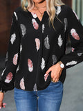 V Neck Feather Print Long Sleeve Oversized T-Shirt Shirt