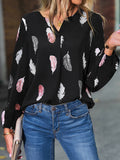 V Neck Feather Print Long Sleeve Oversized T-Shirt Shirt