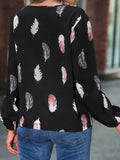 V Neck Feather Print Long Sleeve Oversized T-Shirt Shirt