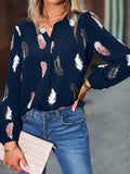 V Neck Feather Print Long Sleeve Oversized T-Shirt Shirt