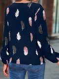 V Neck Feather Print Long Sleeve Oversized T-Shirt Shirt