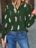 V Neck Feather Print Long Sleeve Oversized T-Shirt Shirt