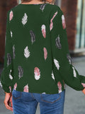 V Neck Feather Print Long Sleeve Oversized T-Shirt Shirt