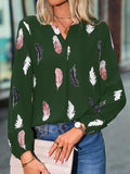 V Neck Feather Print Long Sleeve Oversized T-Shirt Shirt