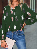 V Neck Feather Print Long Sleeve Oversized T-Shirt Shirt