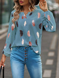 V Neck Feather Print Long Sleeve Oversized T-Shirt Shirt