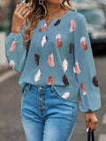 V Neck Feather Print Long Sleeve Oversized T-Shirt Shirt