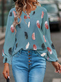 V Neck Feather Print Long Sleeve Oversized T-Shirt Shirt