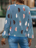 V Neck Feather Print Long Sleeve Oversized T-Shirt Shirt