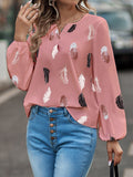 V Neck Feather Print Long Sleeve Oversized T-Shirt Shirt