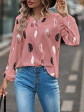 V Neck Feather Print Long Sleeve Oversized T-Shirt Shirt