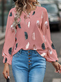 V Neck Feather Print Long Sleeve Oversized T-Shirt Shirt