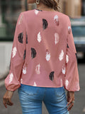 V Neck Feather Print Long Sleeve Oversized T-Shirt Shirt