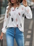 V Neck Feather Print Long Sleeve Oversized T-Shirt Shirt