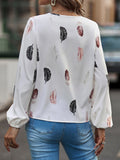 V Neck Feather Print Long Sleeve Oversized T-Shirt Shirt