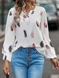 V Neck Feather Print Long Sleeve Oversized T-Shirt Shirt