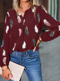 V Neck Feather Print Long Sleeve Oversized T-Shirt Shirt