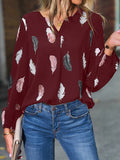 V Neck Feather Print Long Sleeve Oversized T-Shirt Shirt