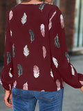 V Neck Feather Print Long Sleeve Oversized T-Shirt Shirt