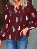 V Neck Feather Print Long Sleeve Oversized T-Shirt Shirt