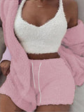 Plush Homewear Casual 3-piece Pajamas Long Sleeve Navel Vest Shorts Set