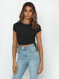 Fashion sexy pit strip navel short drawstring tie round neck short-sleeved T-shirt