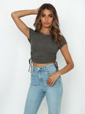 Fashion sexy pit strip navel short drawstring tie round neck short-sleeved T-shirt