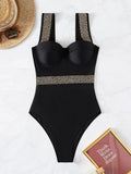 Women's rivet decor push-up one-piece swimwear