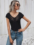 Summer short-sleeved t-shirt female simple slim hollow round neck solid color ladies top