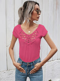 Summer short-sleeved t-shirt female simple slim hollow round neck solid color ladies top